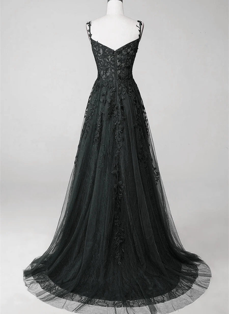 Beaira Black Sweetheart Tulle Straps Party Dress Black A-line Prom Dress prom dresses shops