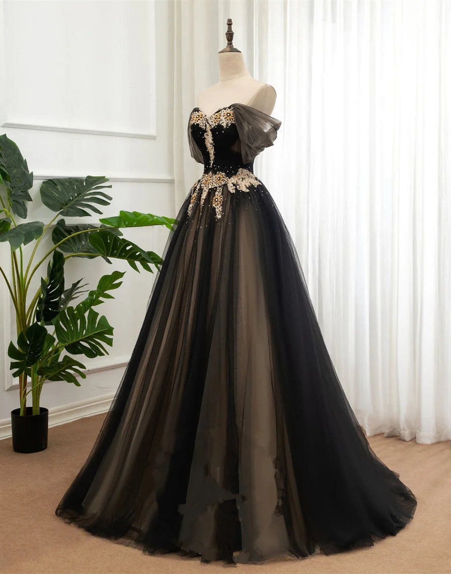 Beaira Black and Champagne Sweetheart Off Shoulder Party Dress A-line Prom Dress prom dresses shops