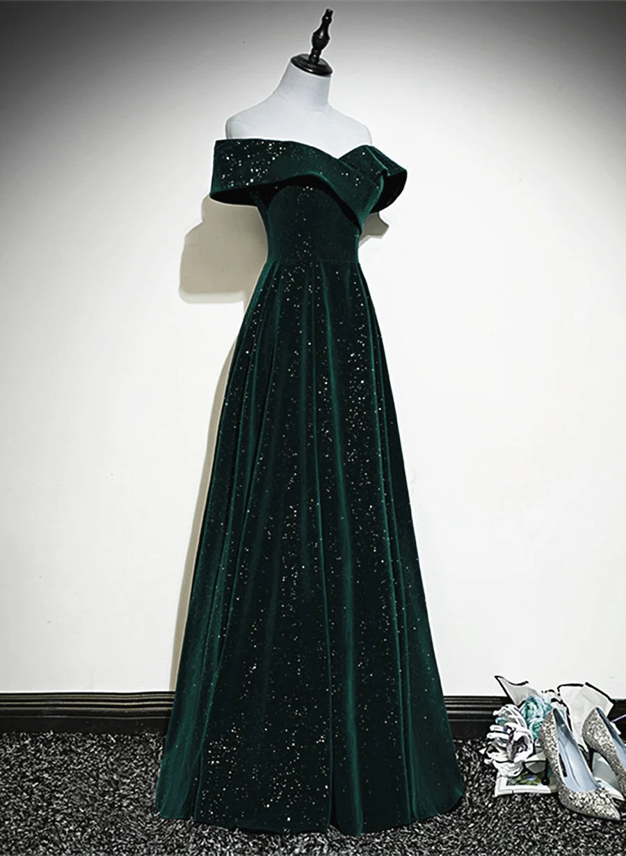 Beaira Green Velvet Off Shoulder Long Party Dress A-line Green Wedding Party Dress prom dresses shops