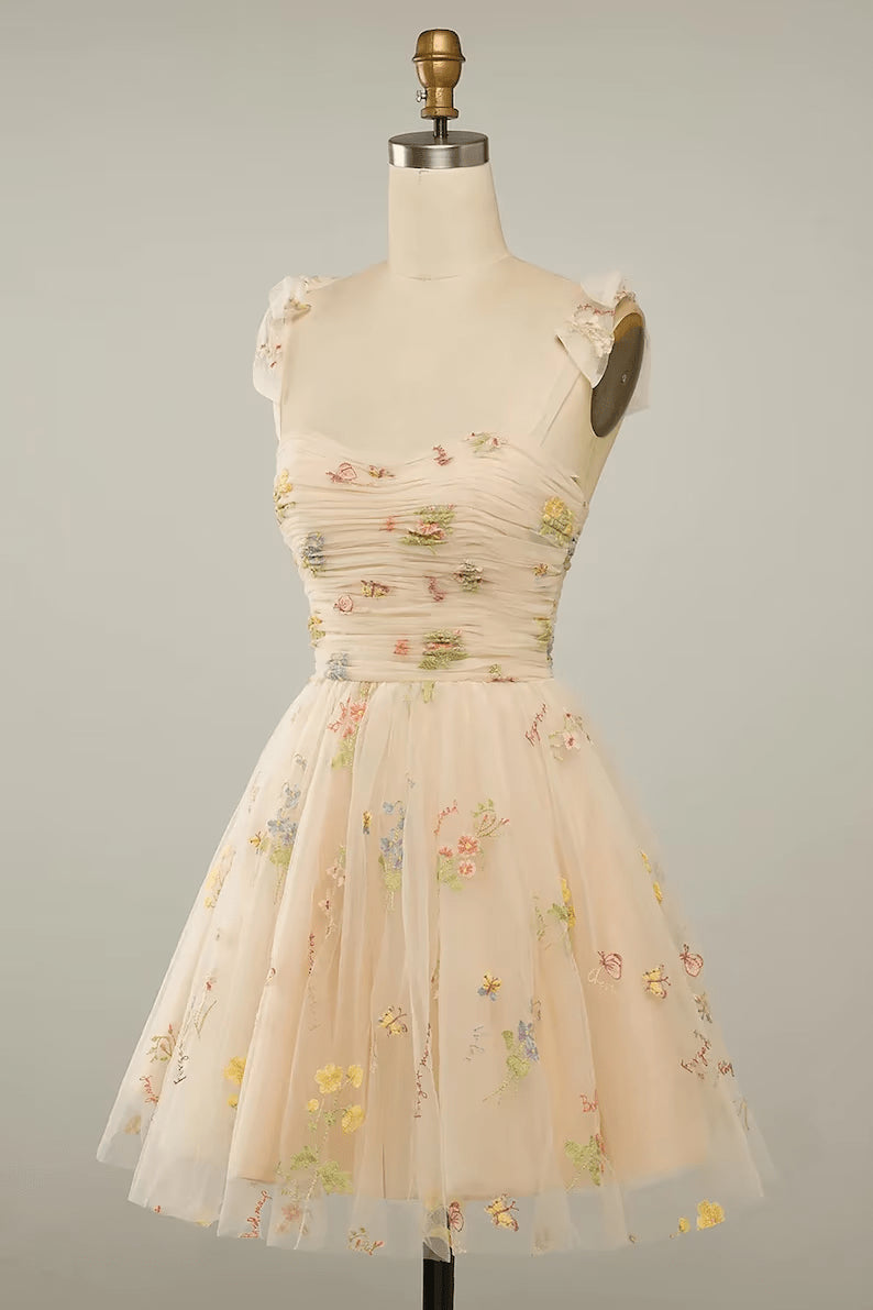 Beaira Cute Champagne Tulle Short Prom Dress Floral Homecoming Dress prom dresses shops