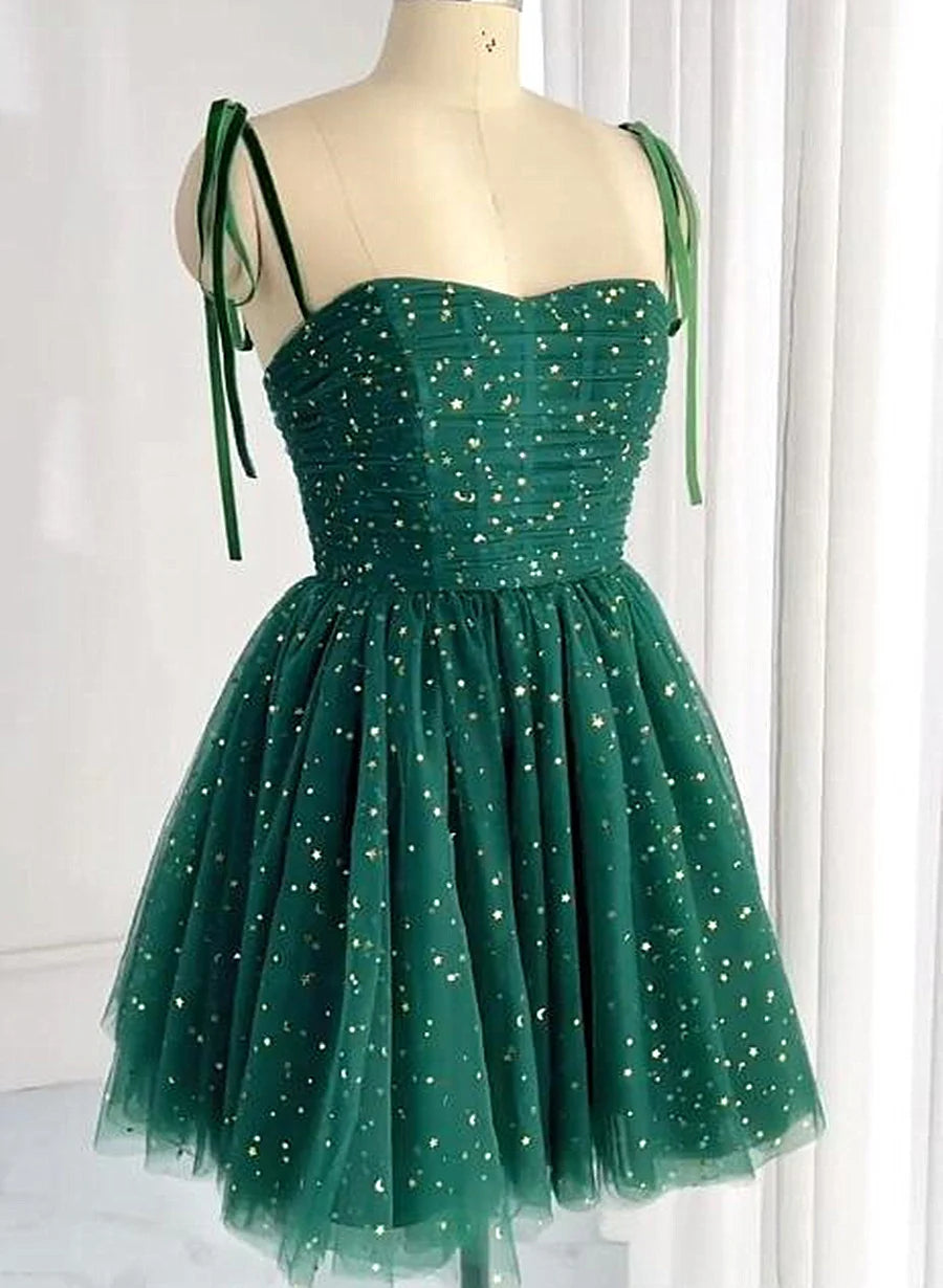 Beaira Dark Green Tulle Straps Short Party Dress Green Homecoming Dress Prom Dress prom dresses shops