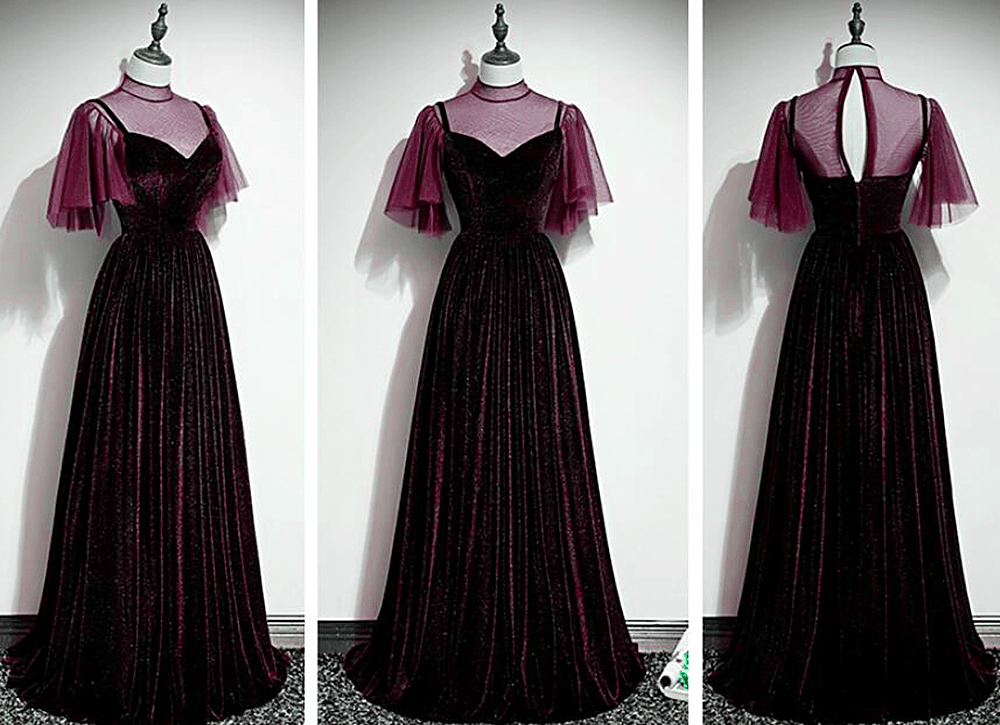 Beaira Burgundy Velvet A-Line Long High Neckline Party Dress Burgundy Long Bridesmaid Dress prom dresses shops