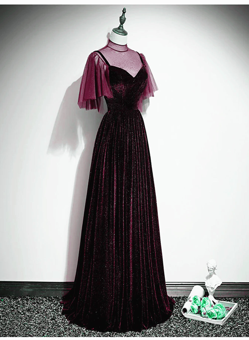 Beaira Burgundy Velvet A-Line Long High Neckline Party Dress Burgundy Long Bridesmaid Dress prom dresses shops