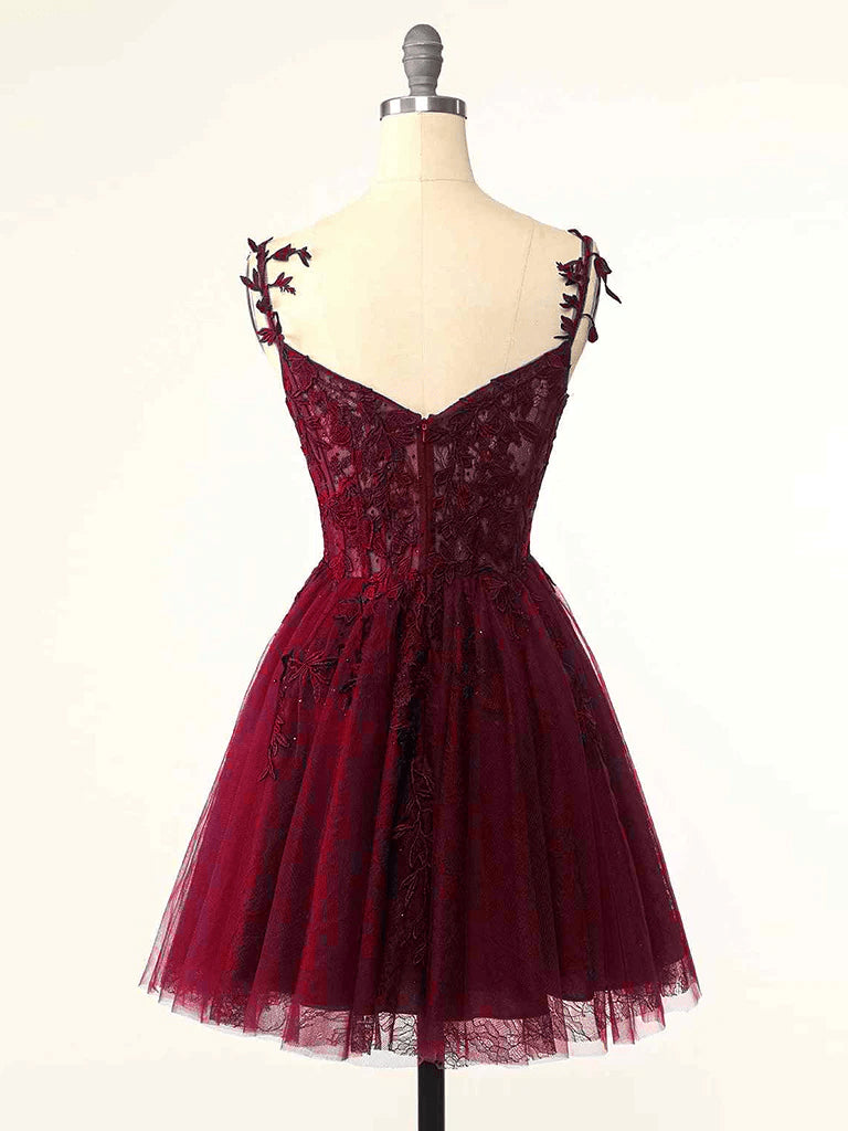 Beaira Wine Red Straps Tulle Short Party Dress Wine Red Homecoming Dress prom dresses shops