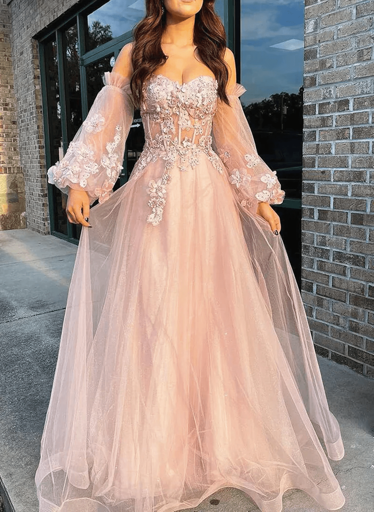 Beaira Pink Puffy Sleeves Tulle Long Party Dress A-line Pink Evening Dress Prom Dress prom dresses with long sleeves