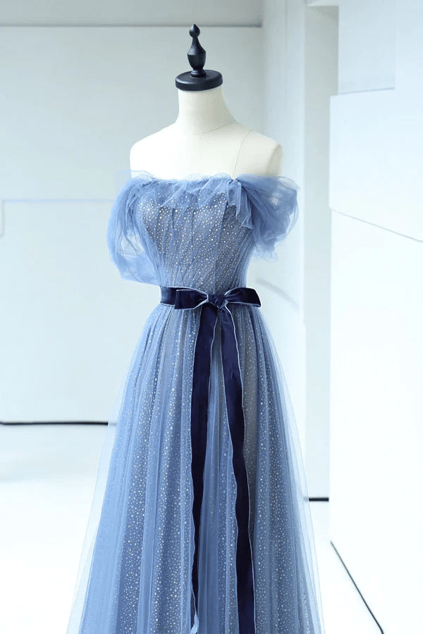 Beaira A-line Blue Off Shoulder Floor Length Prom Dress Blue Strapless Tulle Evening Dress prom dresses with long sleeves