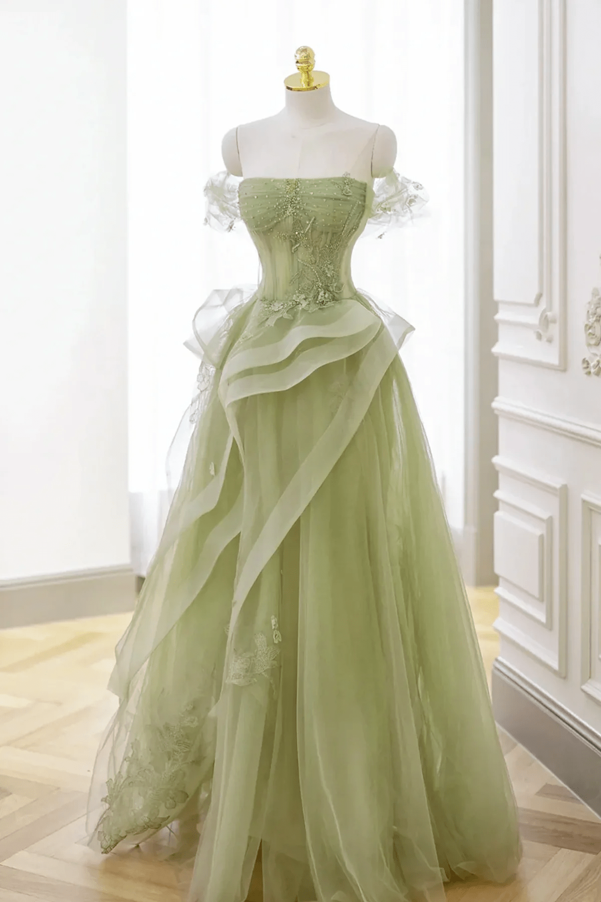 Beaira Light Green Off Shoulder Beaded Party Dress Light Green Tulle Formal Dress