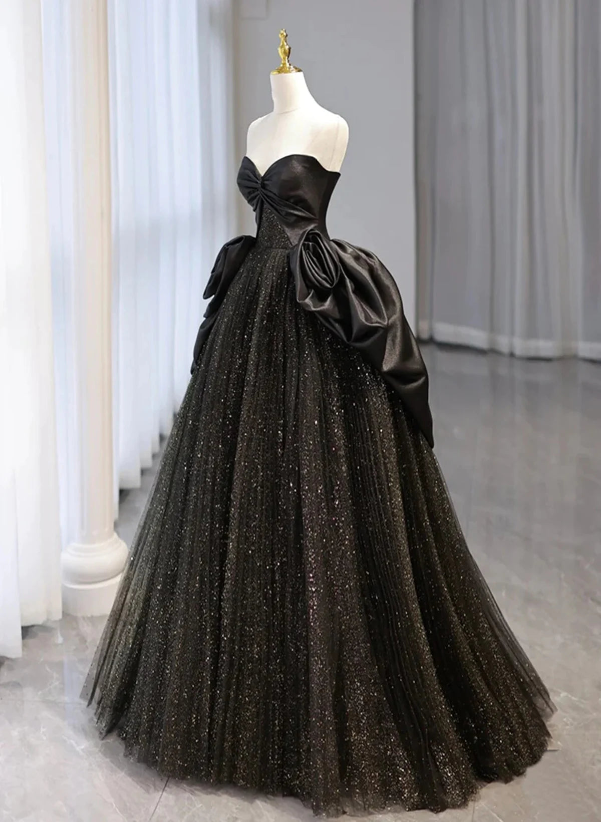 Beaira Black Shiny Tulle A-line Prom Dress Black Unique Evening Dress