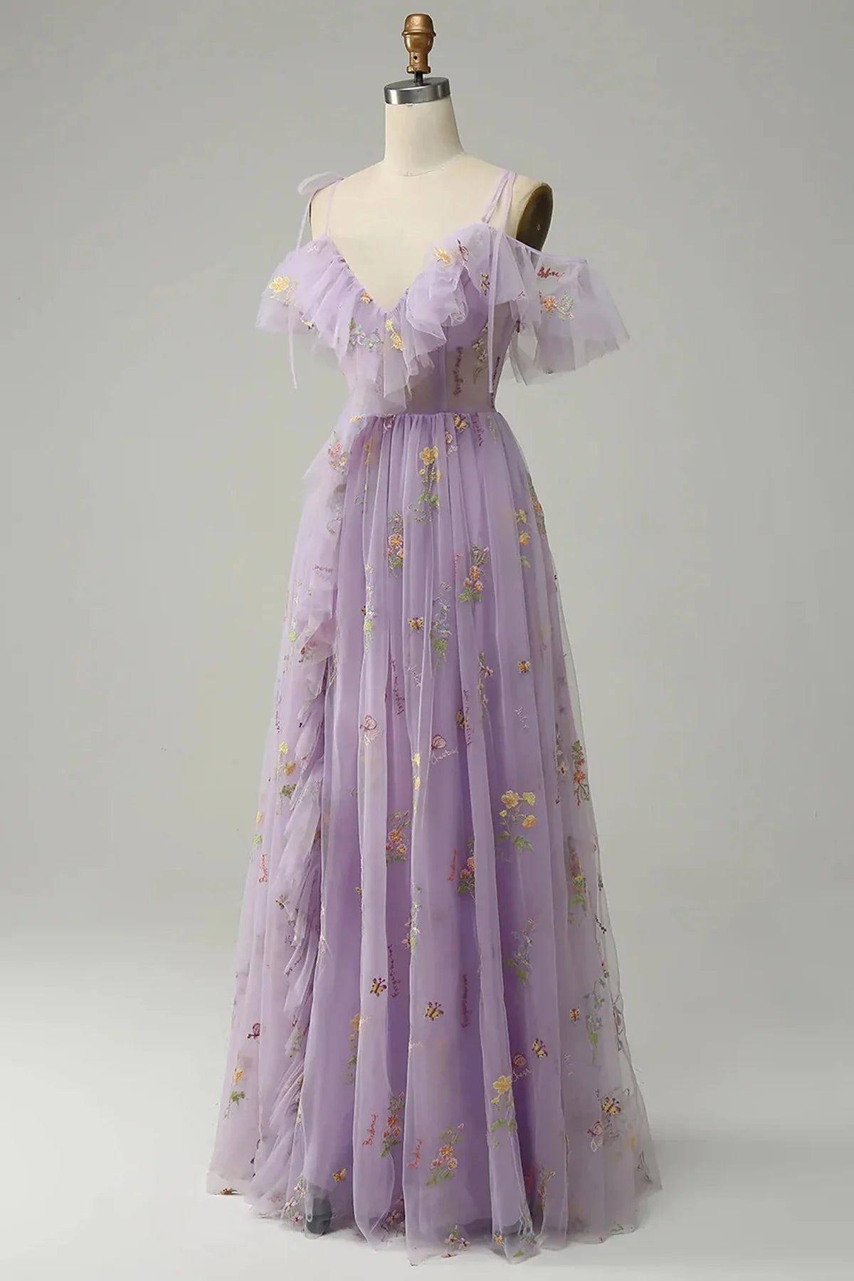 Beaira Light Purple Floral Long Prom Dress with Slit Light Purple Formal Dress