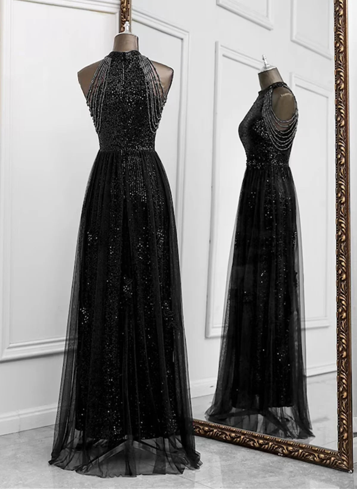 Beaira Black Halter Sequins and Tulle Long Party Dress Black Prom Dress