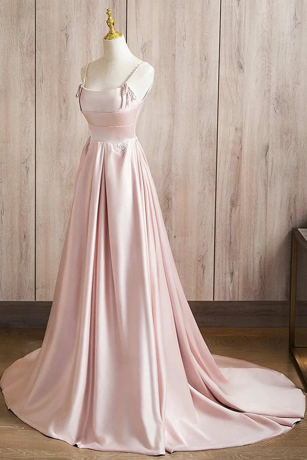 Beaira A-line Satin Long A-Line Pink Prom Dress Spaghetti Straps Evening Dress