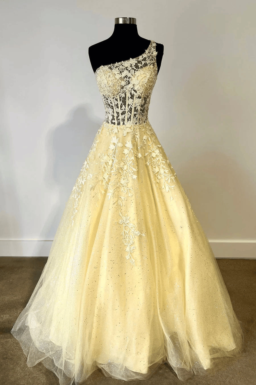 Beaira Light Yellow One Shoulder Floral Aline Long Prom Dress A-line Tulle Party Dress