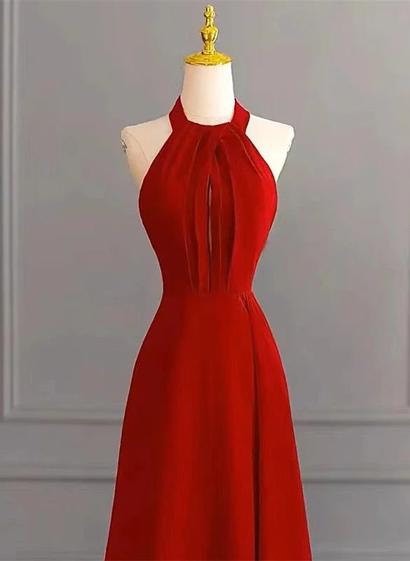 Beaira Red Halter A-line Simple Formal Dress Red Long Evening Dress Party Dress