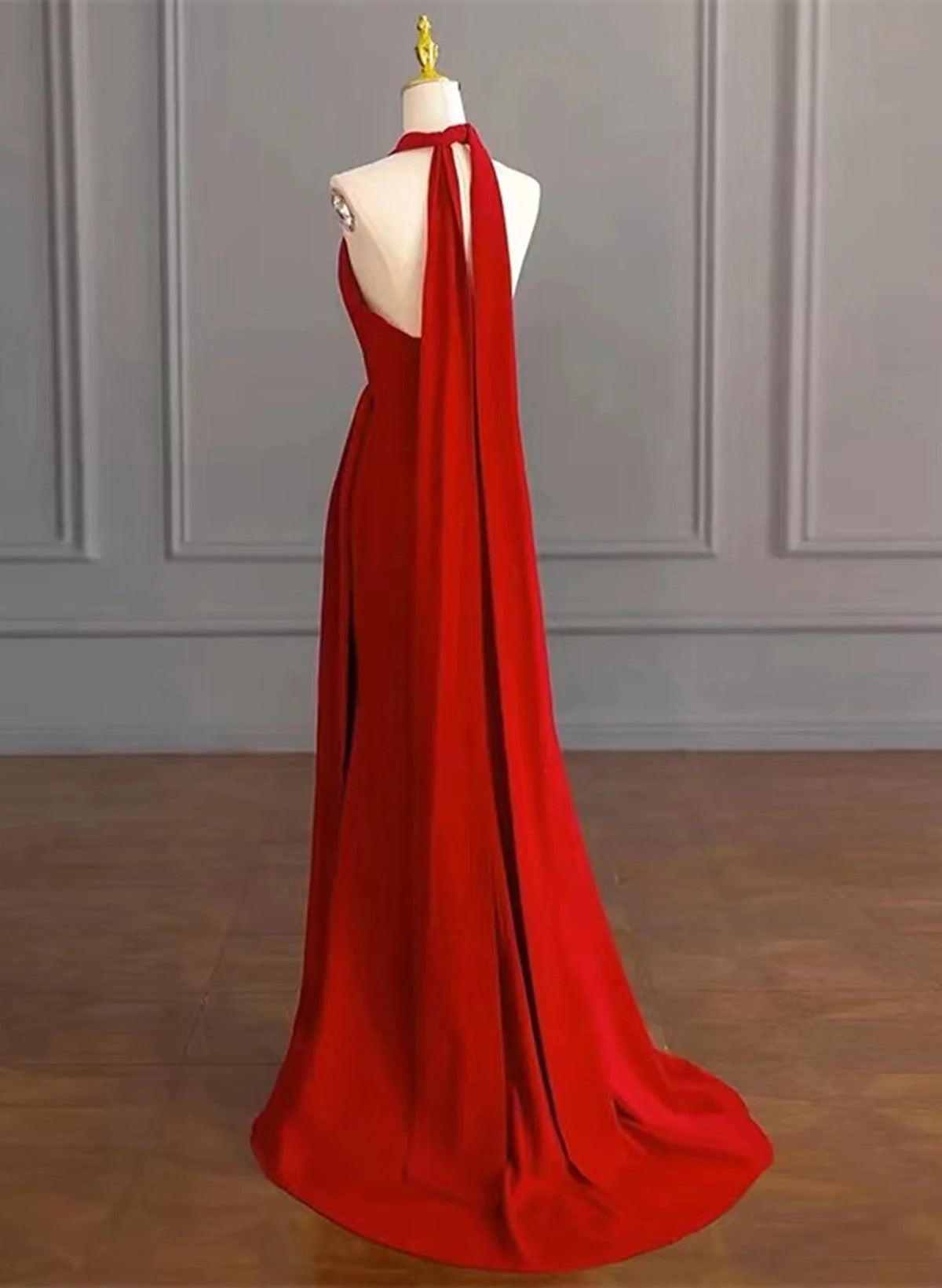 Beaira Red Halter A-line Simple Formal Dress Red Long Evening Dress Party Dress