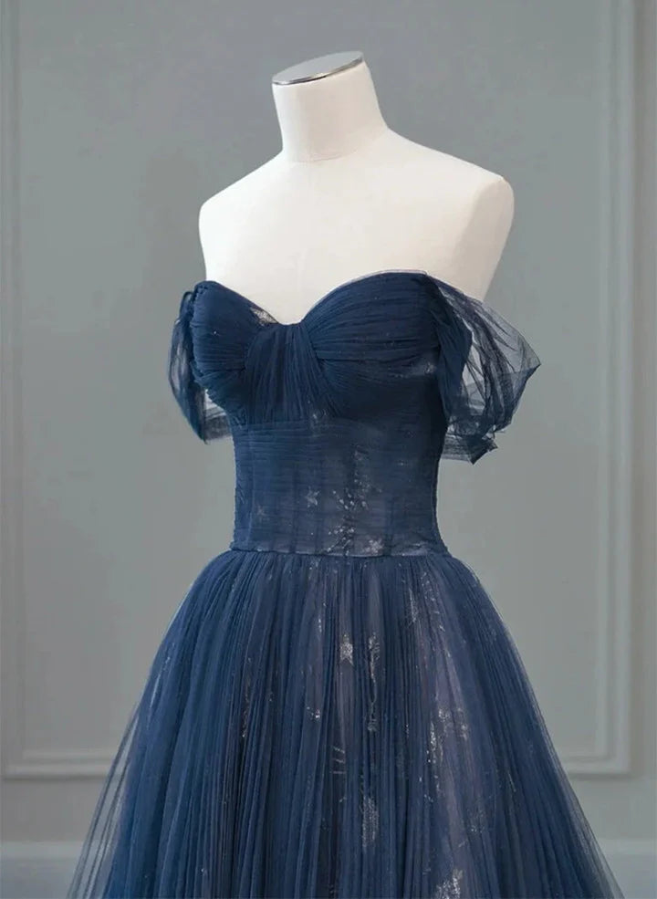 Beaira Navy Blue Sweetheart Off Shoulder Tulle Prom Dress A-line Tulle Formal Dress