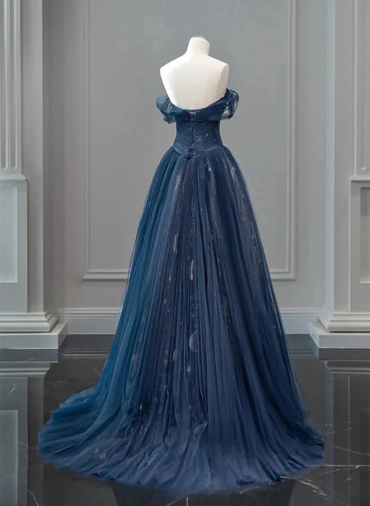 Beaira Navy Blue Sweetheart Off Shoulder Tulle Prom Dress A-line Tulle Formal Dress
