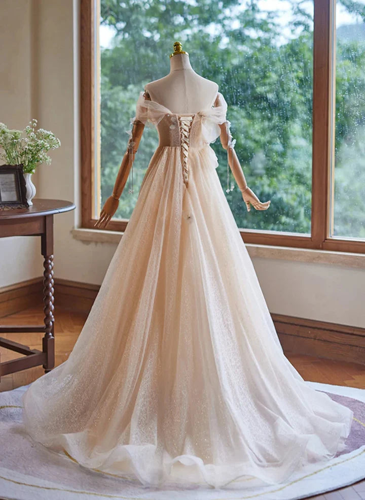 Beaira Champagne Tulle Off Shoulder Beaded Long Party Dress A-line Prom Dress