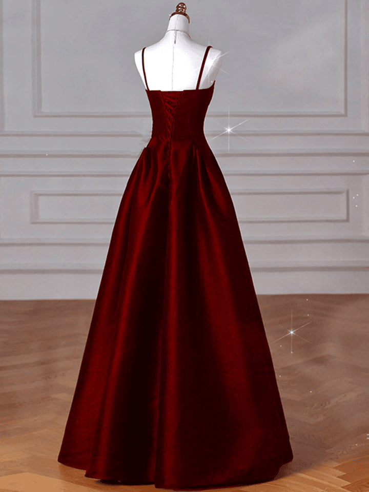 Beaira Wine Red A-Line Straps Satin Long Party Dress Wine Red Long Prom Dress Evening Dress