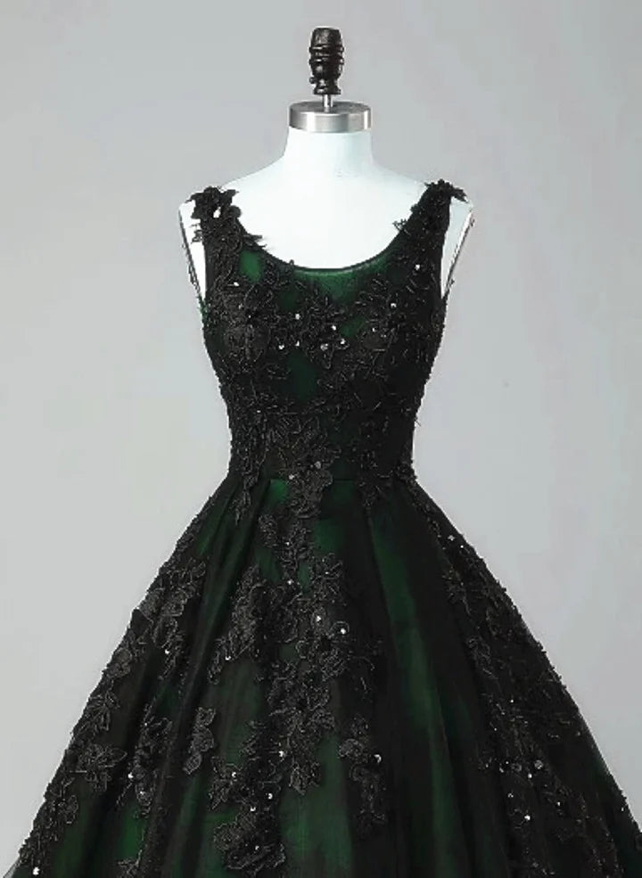 Beaira Charming Black and Green Tulle With Lace Long Party Dress A-Line Low Back Evening Dress