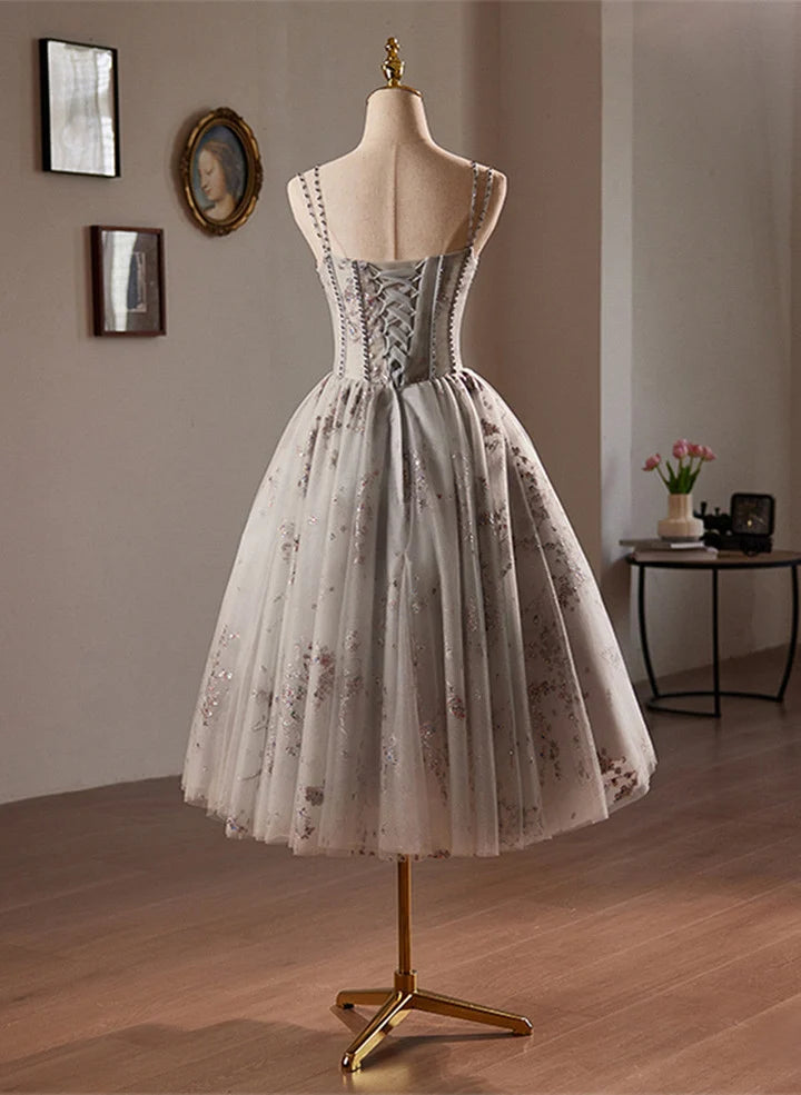 Beaira Grey Sweetheart Tulle Beaded Straps Homecoming Dress Grey Tulle Prom Dress