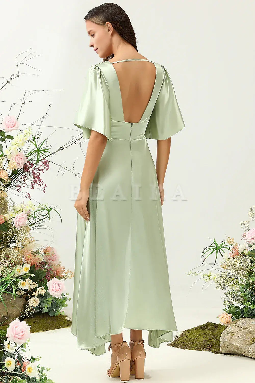 Beaira Dusty Sage A Line Deep V Neck Bridesmaid Dress with Half Sleeves Bridesmaid dress shop 