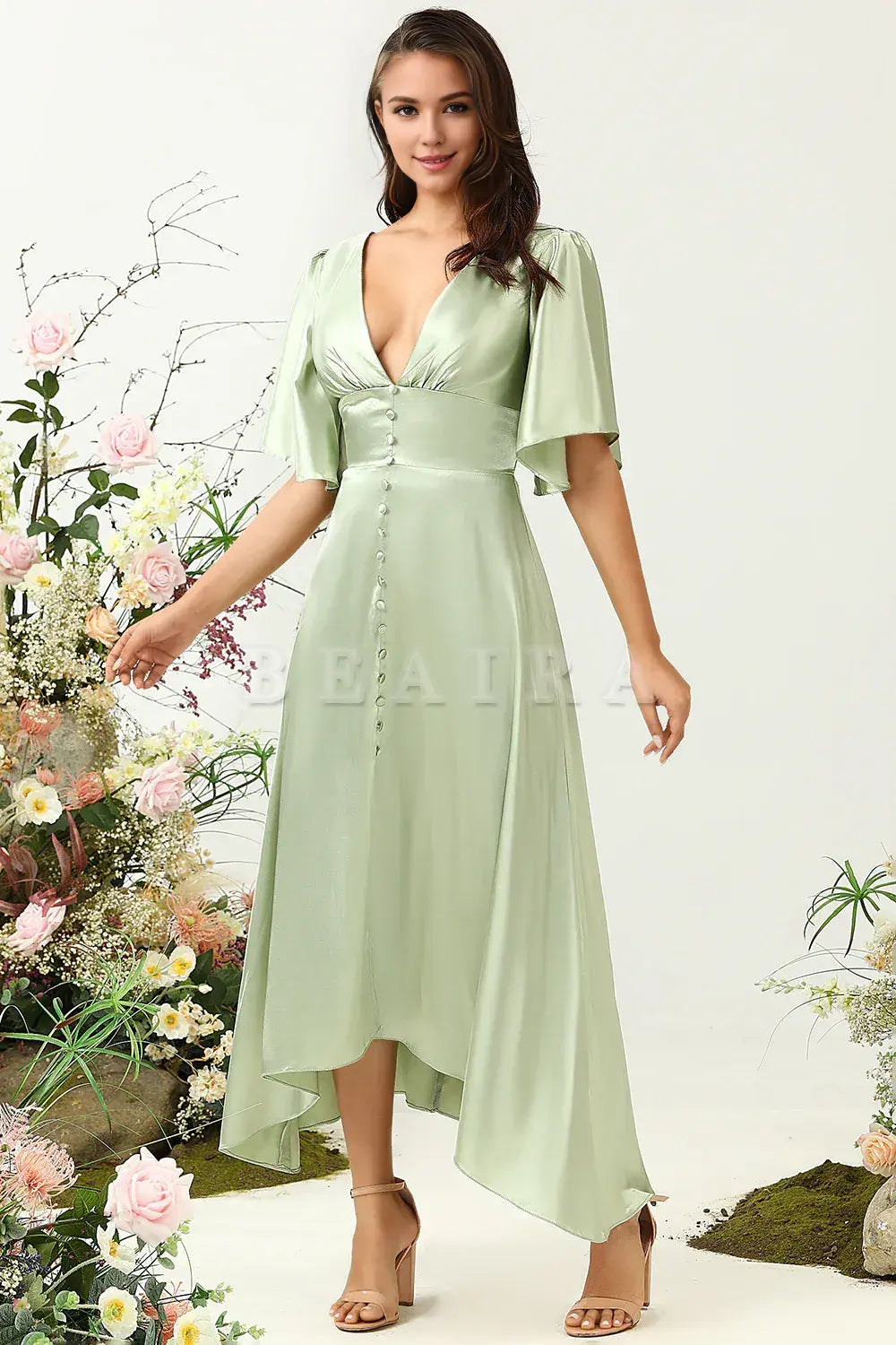 Beaira Dusty Sage A Line Deep V Neck Bridesmaid Dress with Half Sleeves Bridesmaid dress shop 
