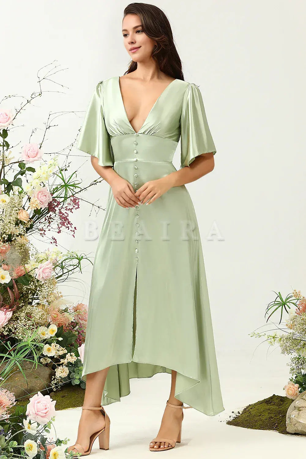 Beaira Dusty Sage A Line Deep V Neck Bridesmaid Dress with Half Sleeves Bridesmaid dress shop 