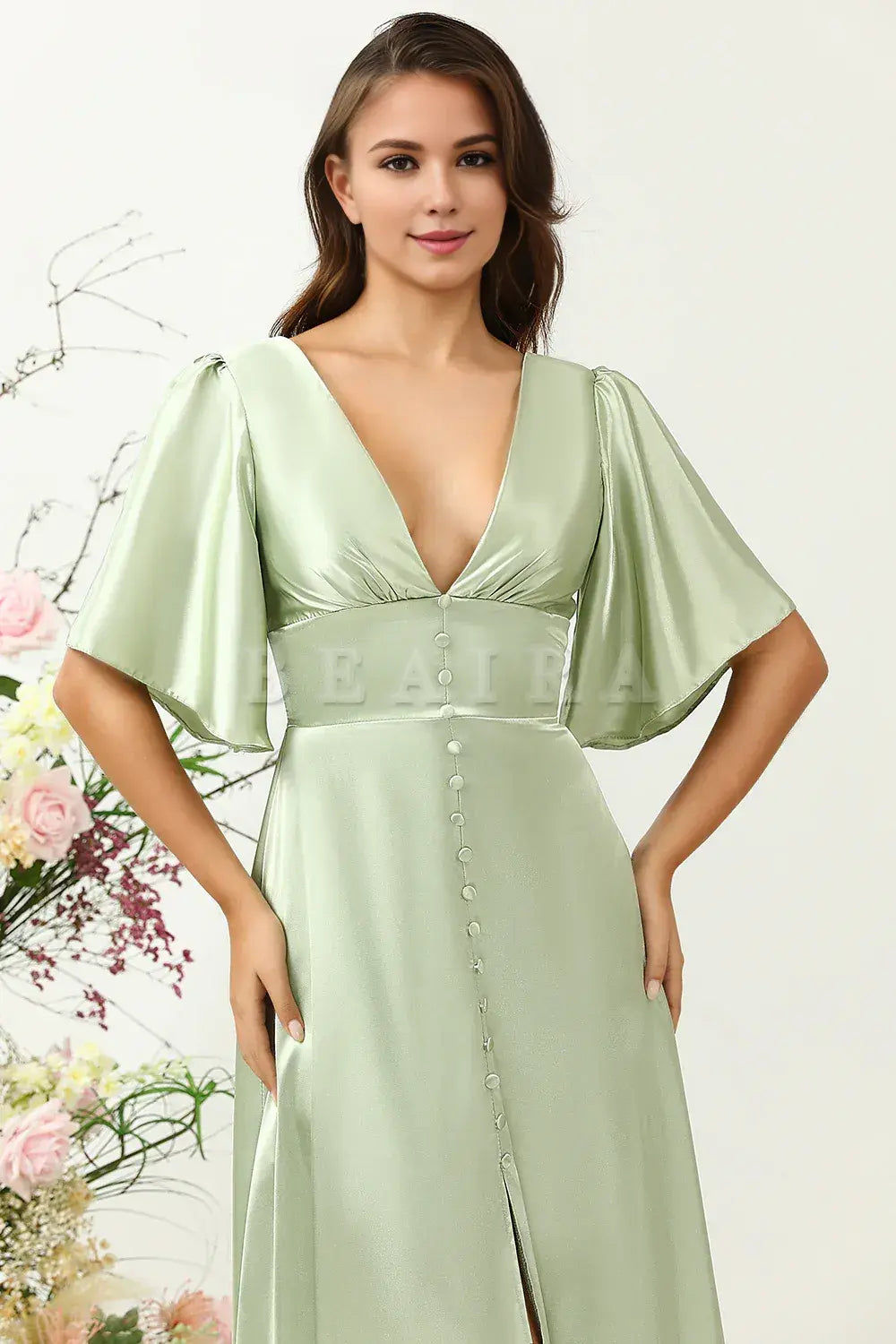 Beaira Dusty Sage A Line Deep V Neck Bridesmaid Dress with Half Sleeves Bridesmaid dress shop 