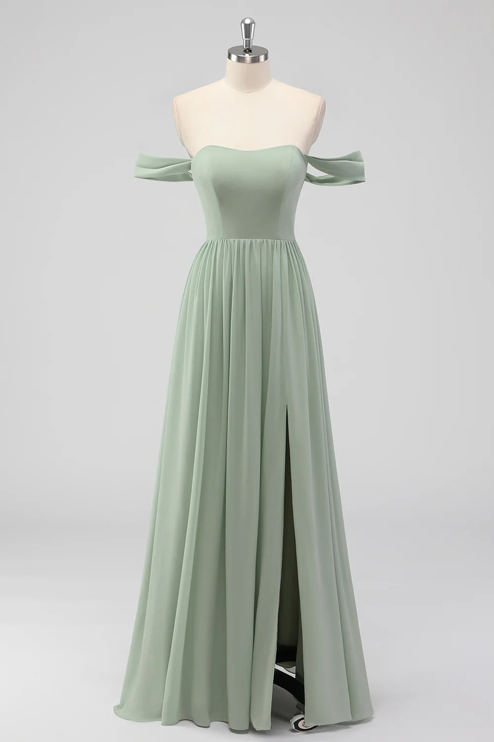 Beaira Elegant Sage Green A-Line Off The Shoulder Ruched Chiffon Long Bridesmaid Dress with Slit