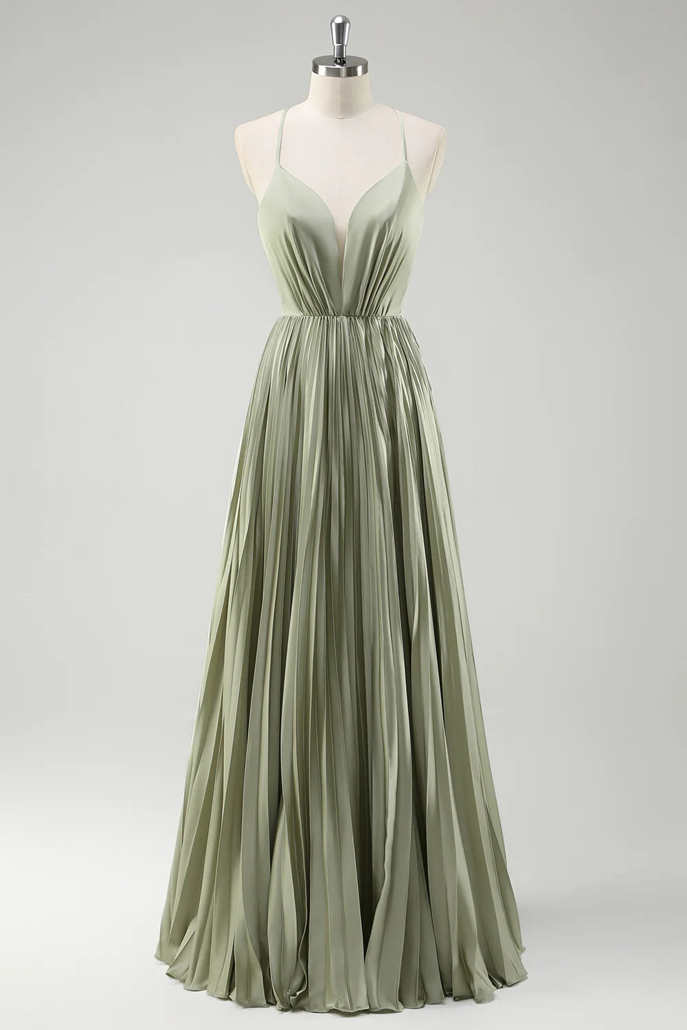 Beaira Elegant Grey Green A-Line Spaghetti Straps Pleated Long Bridesmaid Dress With Lace Up Back