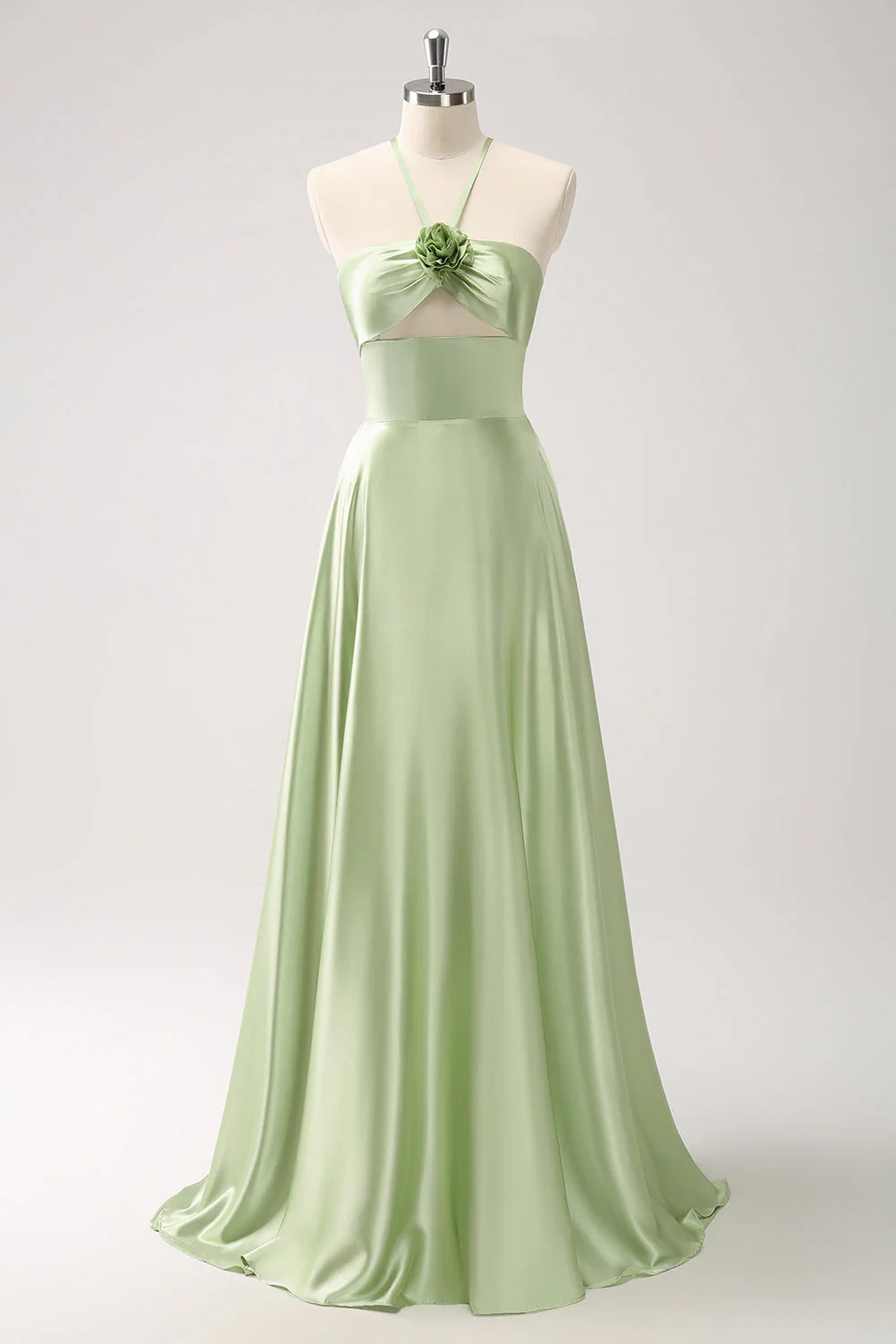 Beaira Light Green A Line Halter Hollow Out Satin Bridesmaid Dress with Flower Bridesmaid dress shop