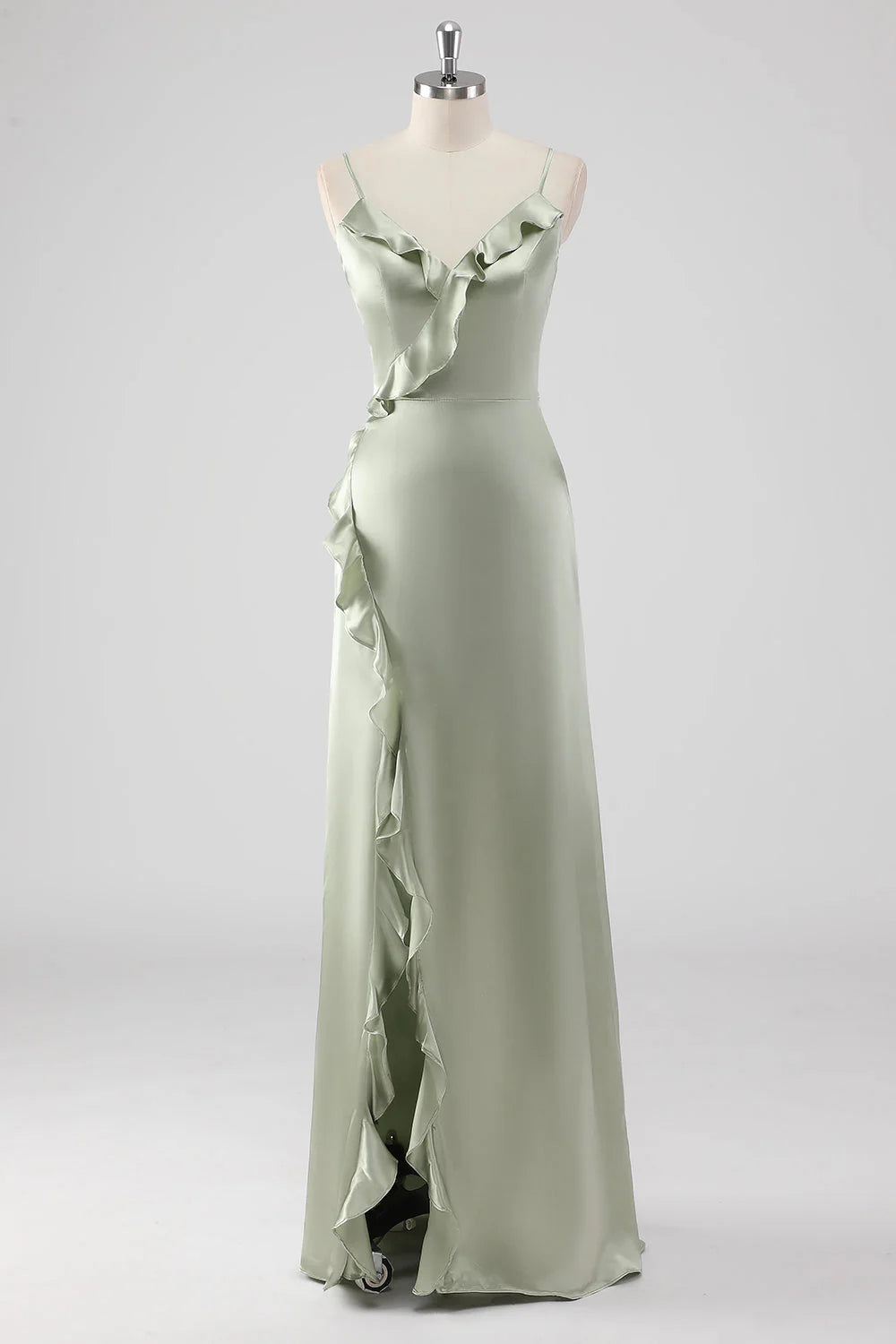 Beaira Simple Sage Long Satin V Neck Ruffled Sheath Bridesmaid Dress New Arrivals