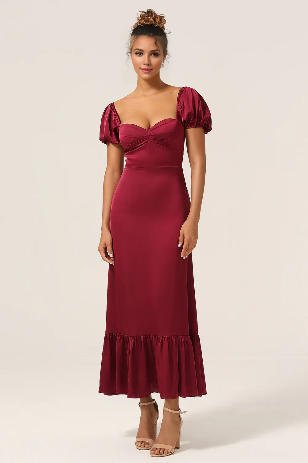 Beaira Burgundy Sheath Square Neck Tea-Length Satin Bridesmaid Dress with Ruffles Bridesmaid dress shop