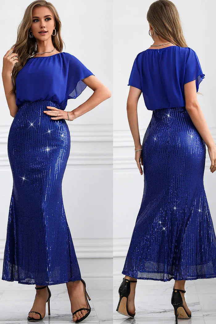 Beaira Elegant Sparkly Royal Blue Long Batwing Sleeves Mermaid Prom Dress