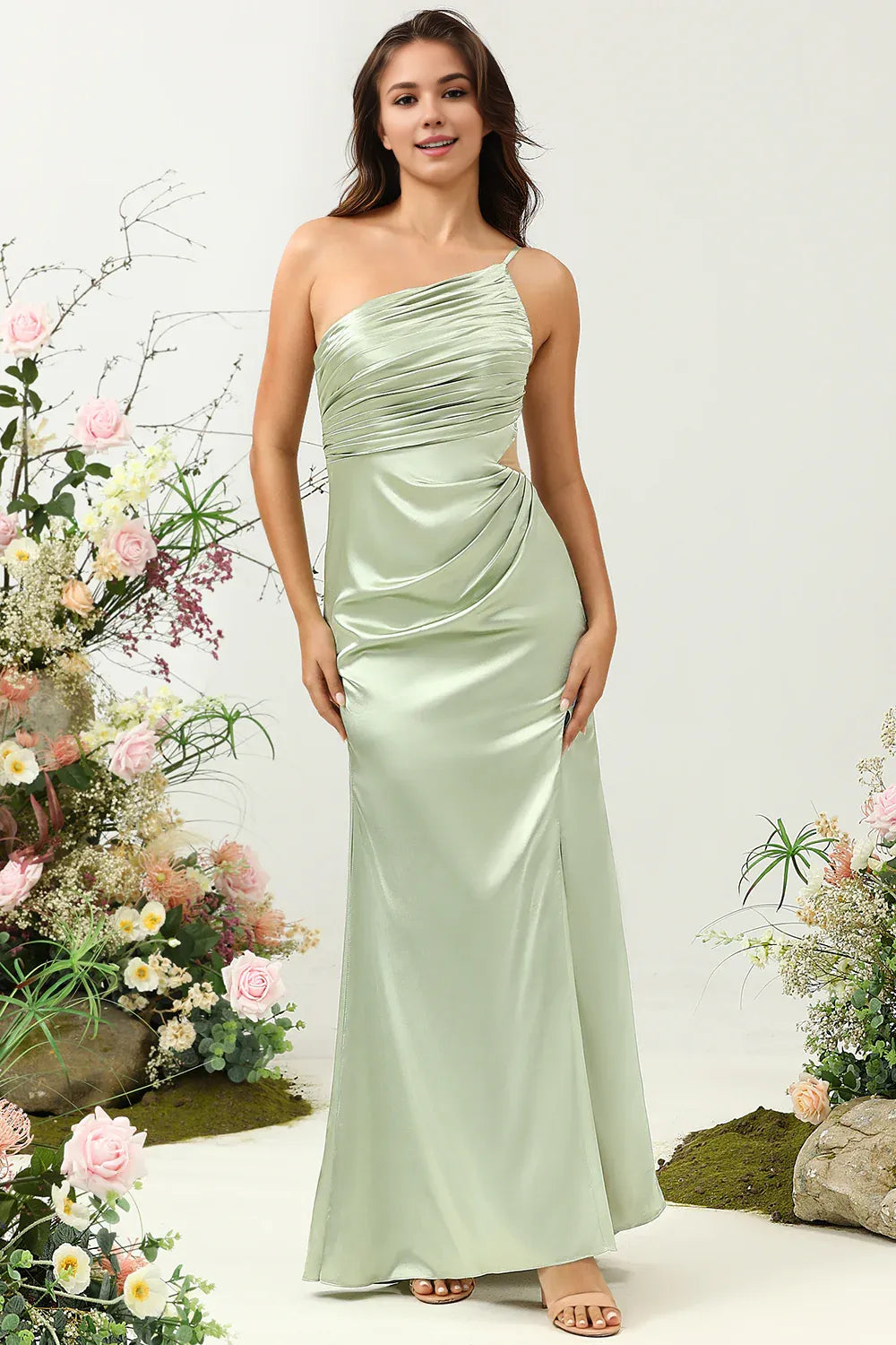 Beaira Sage A Line One Shoulder Bright Satin Bridesmaid Dress with Slit Bridesmaid dress shop