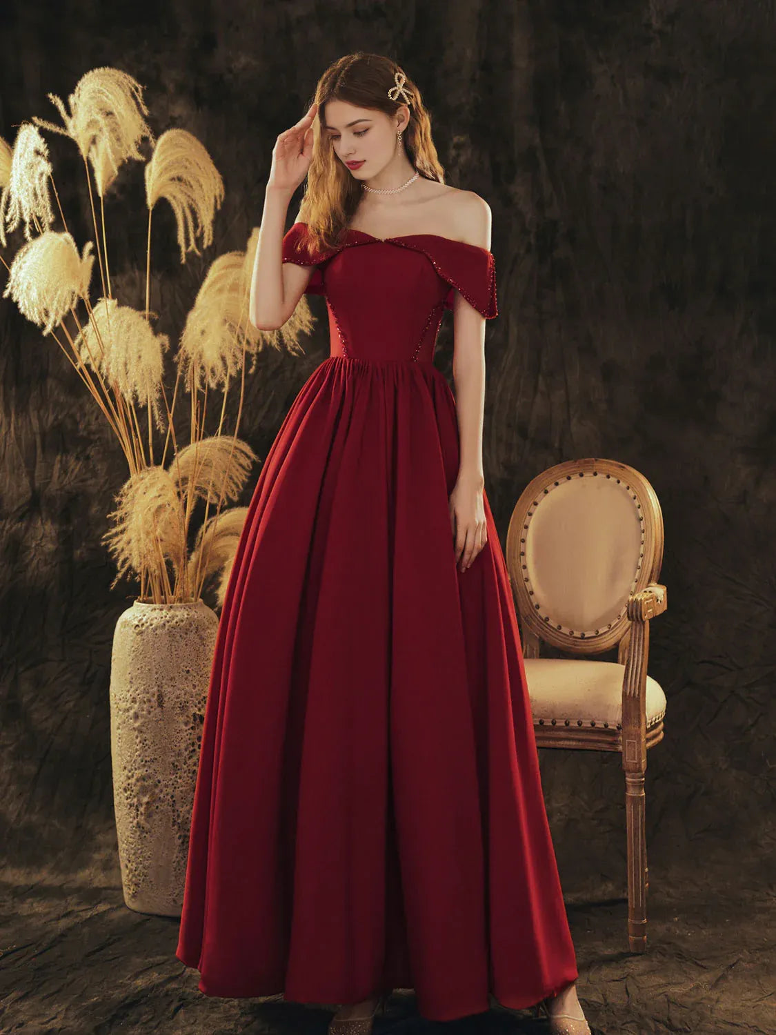 Beaira A-Line Off Shoulder Satin Burgundy Long Prom Dress Burgundy Formal Evening Dress Bridesmaid dress shop