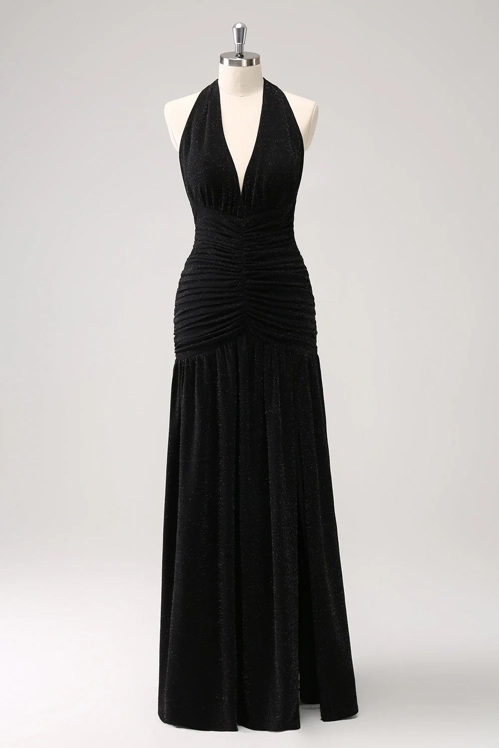 Beaira Black Mermaid Halter Pleated Backless Long Bridesmaid Dress with Slit Bridesmaid dress shop
