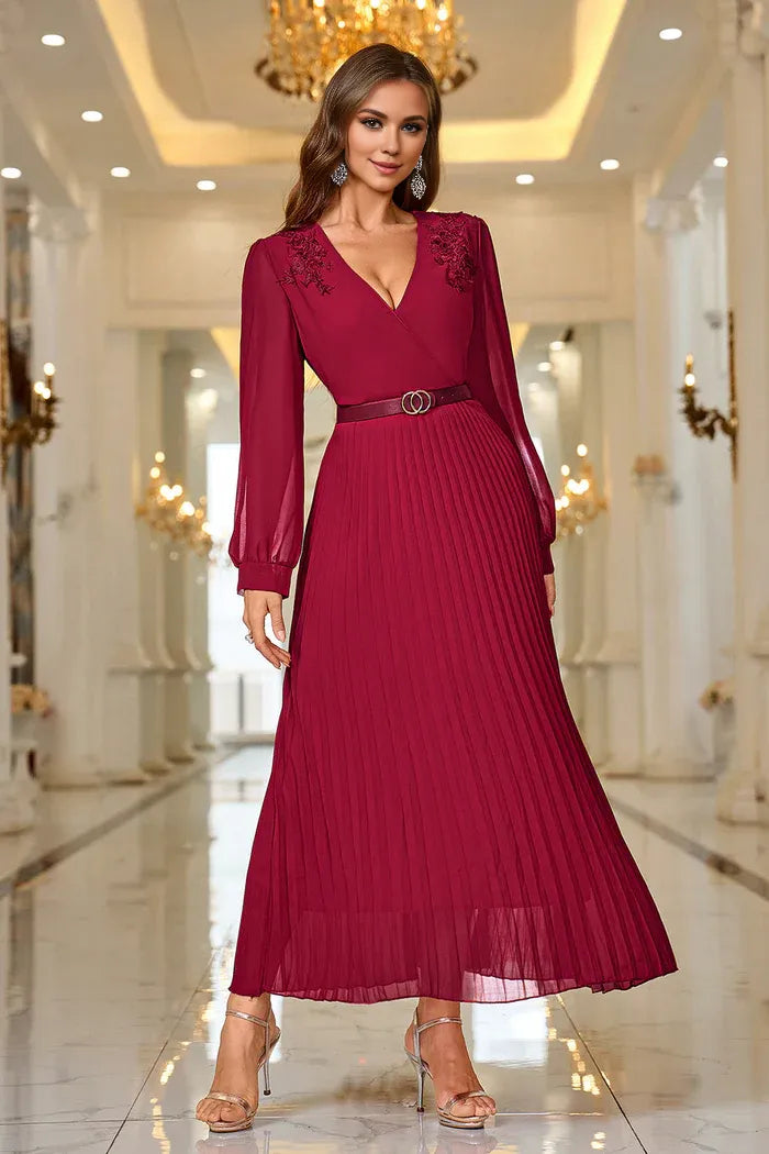 Beaira Elegant Burgundy A Line V Neck Pleated Appliques Belted Prom Dress with Long Sleeves - Burgundy