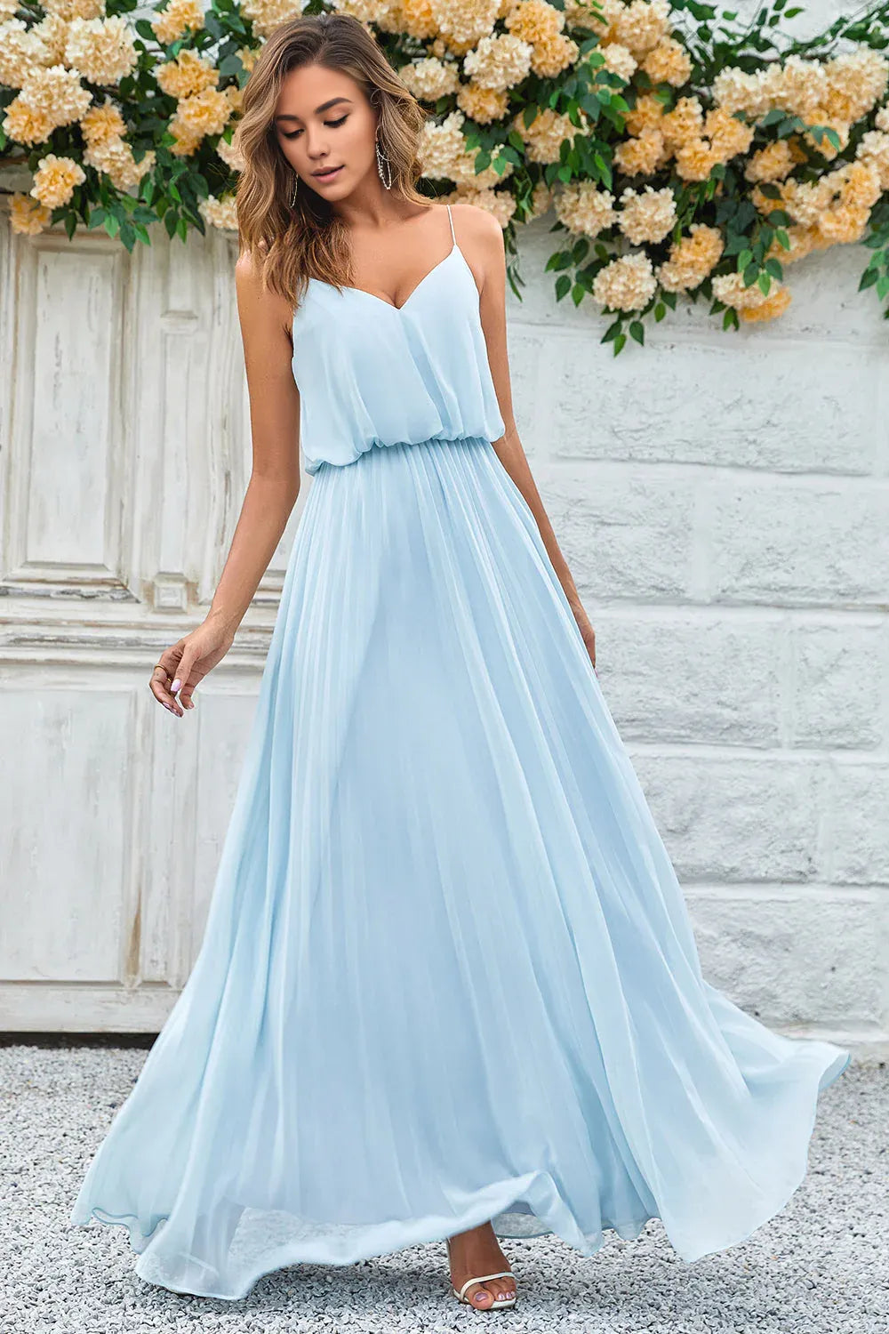 Beaira A Line Spaghetti Straps Sky Blue Chiffon Long Bridesmaid Dress Bridesmaid dress shop