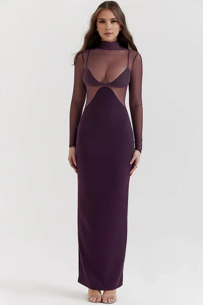 Beaira Unique Sexy Mock Neck Long Sleeve Sheer Mesh Panel Bodycon Maxi Dress - Fuchsia