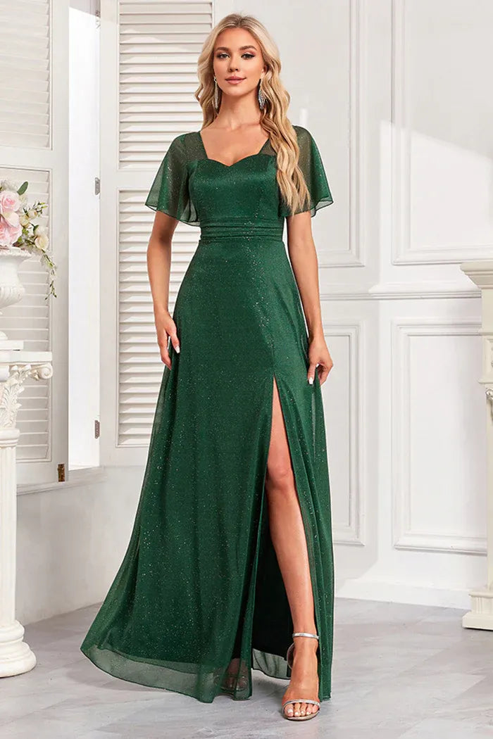 Beaira Elegant Sparkly Dark Green A Line Long Prom Dress With Slit - Dark Green