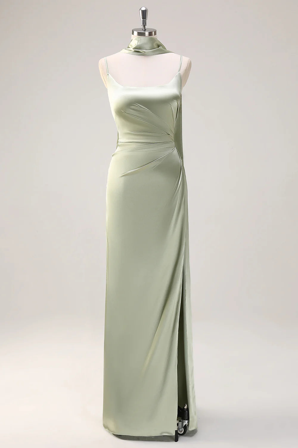 Beaira Sage Sheath Spaghetti Straps Streamer Long Satin Bridesmaid Dress with Slit Bridesmaid dress shop
