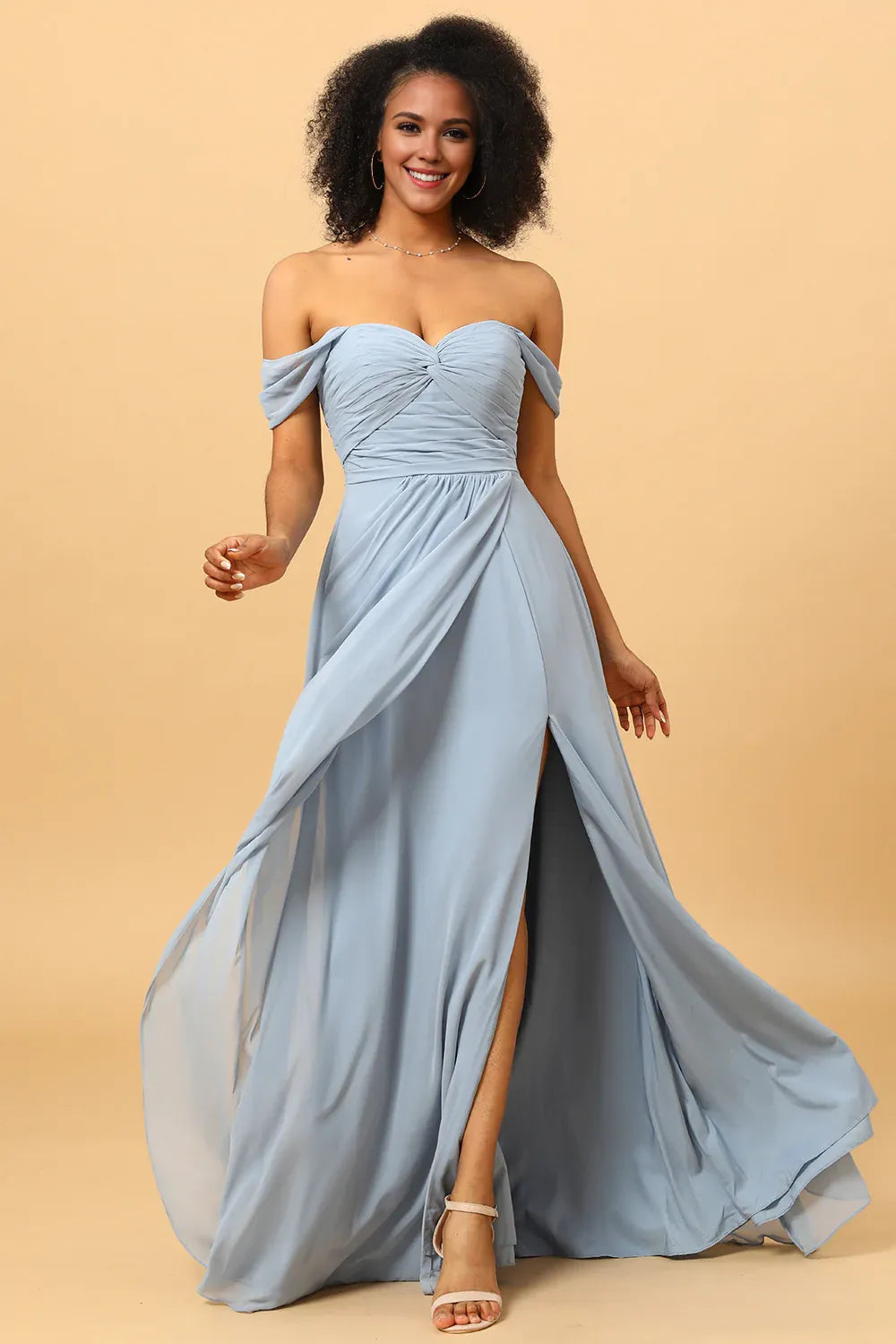 Beaira Elegant Dusty Blue A Line Off the Shoulder Chiffon Bridesmaid Dress with Slit New Arrivals