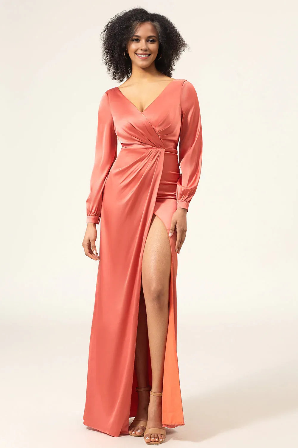 Beaira Terracotta A-Line V-Neck Satin Bridesmaid Dress With Slit Bridesmaid dress shop