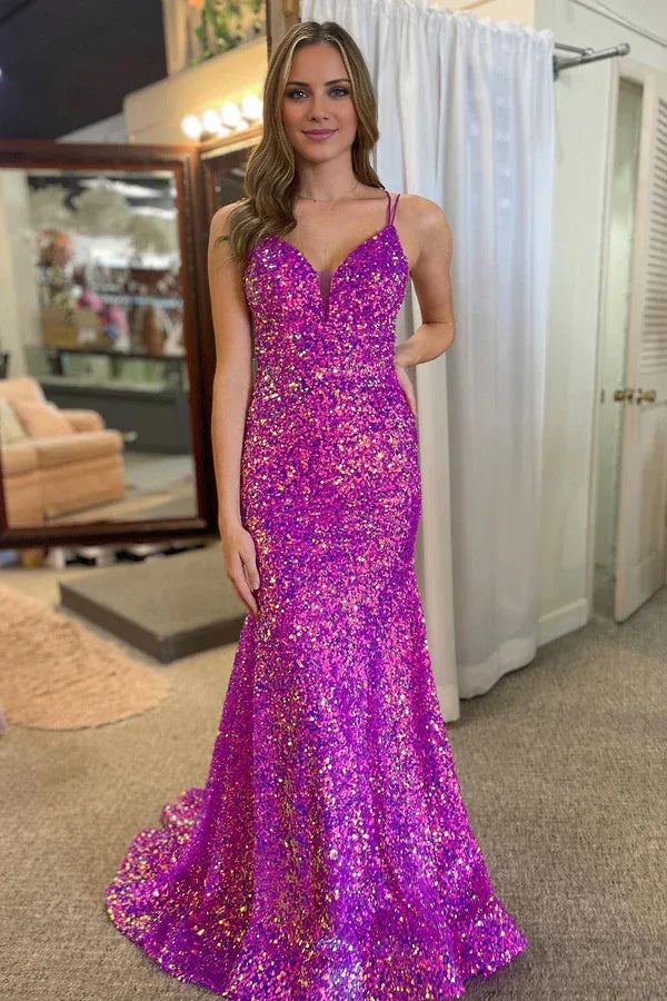 Beaira Sparkly Mermaid Purple Double Strapls Long Sequin Prom Dress - Purple