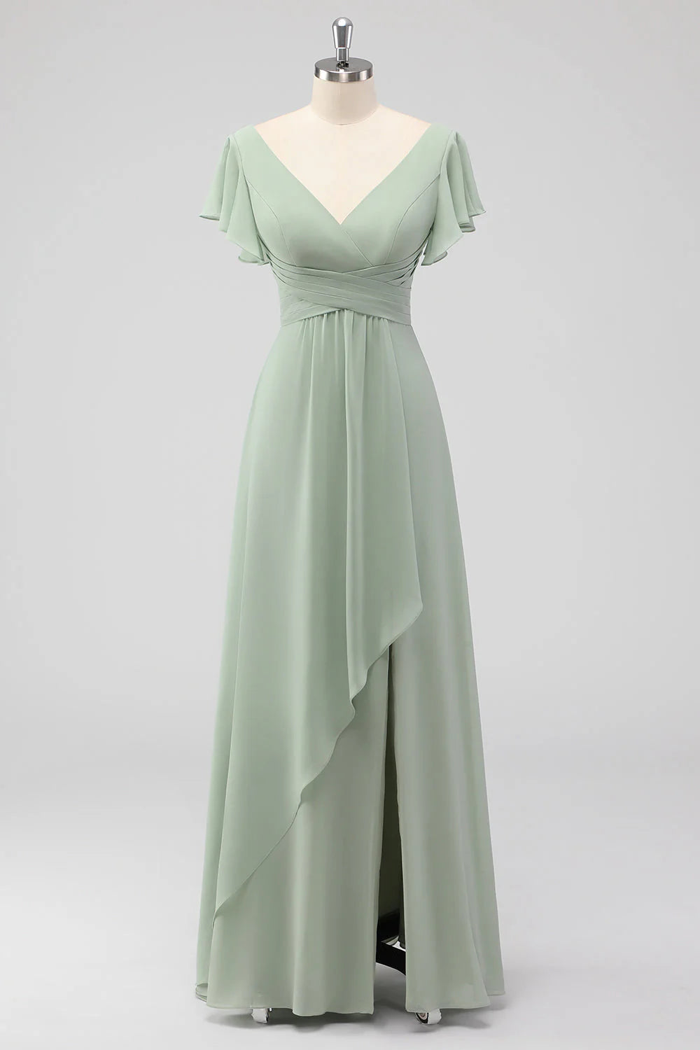 Beaira Simple Sage Green A-Line V-Neck Chiffon Long Bridesmaid Dress with Slit New Arrivals