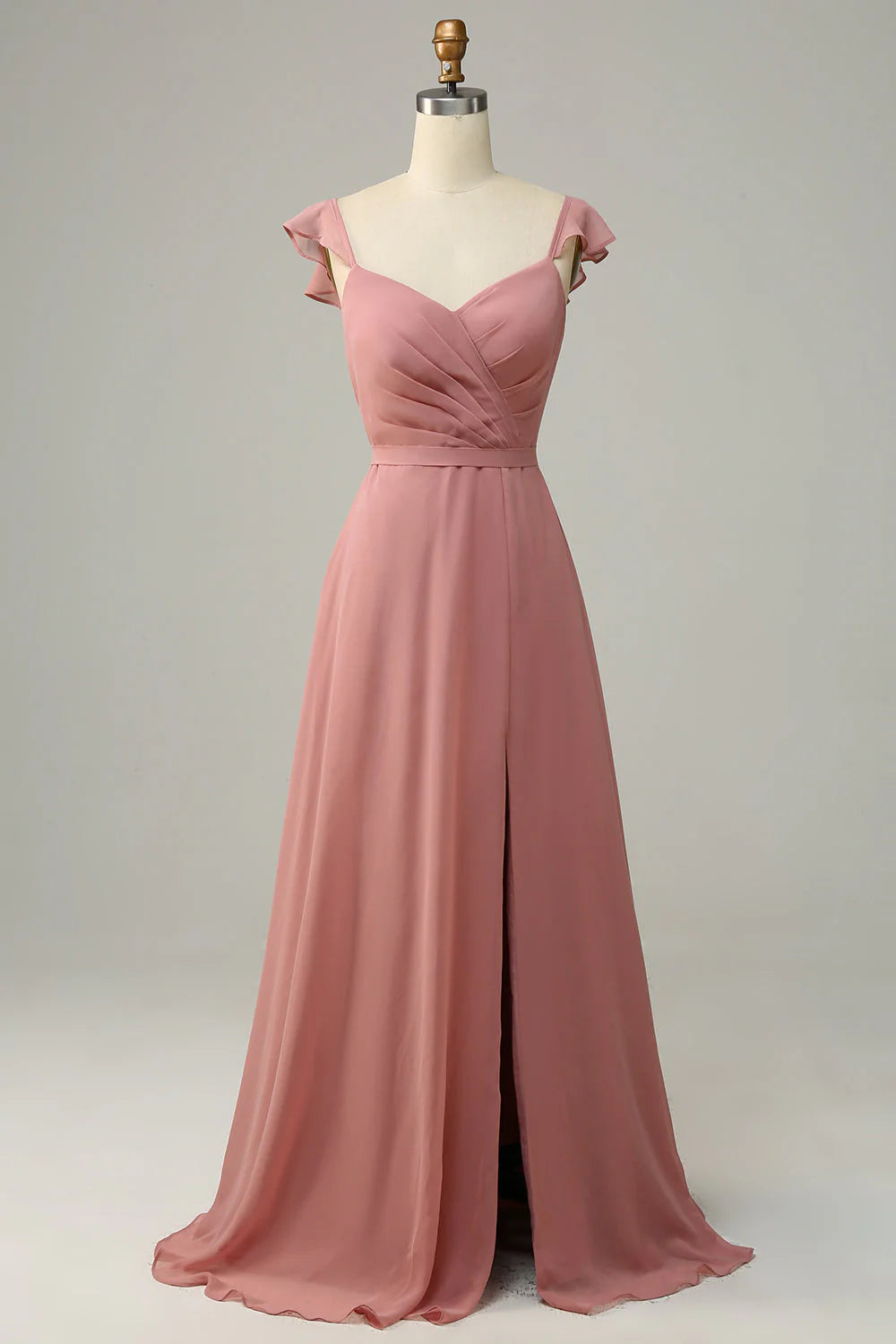 Beaira Dusty Rose A Line Ruffles Long Chiffon Bridesmaid Dress With Slit Bridesmaid dress shop
