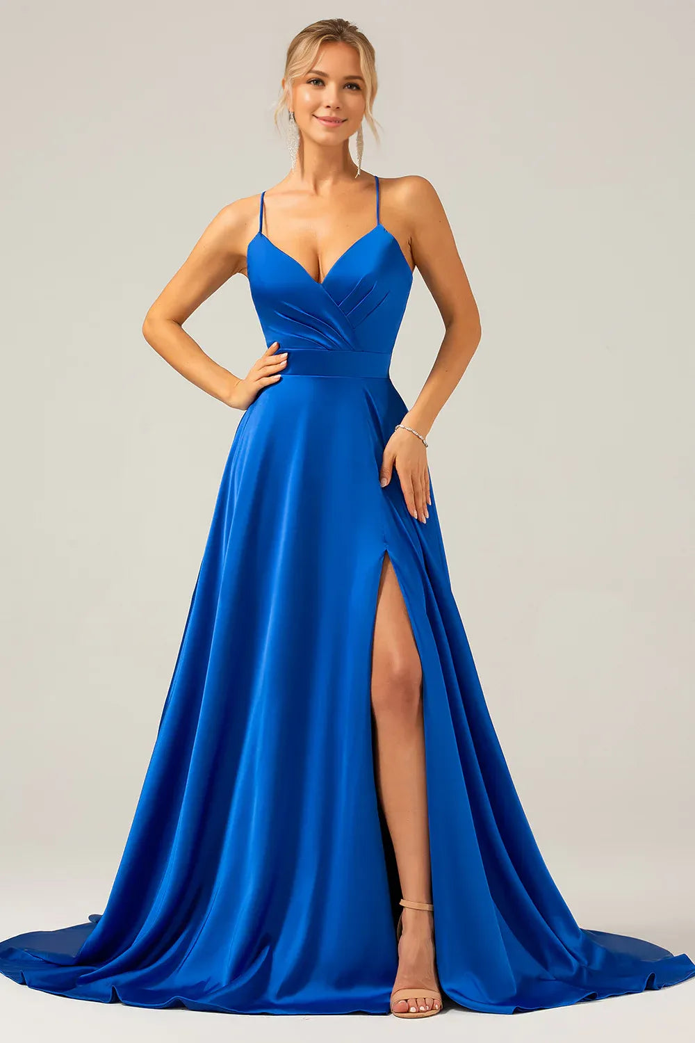 Beaira Royal Blue A Line V Neck Pleated Satin Maxi Dress with Slit Bridesmaid dress shop