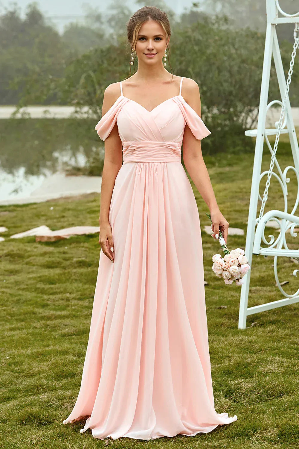 Beaira Simple Blush A Line Off The Shoulder Long Bridesmaid Dress With Ruffles New Arrivals