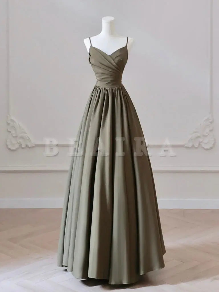 Beaira A-Line V Neck Satin Olive Green Long Prom Dress Long Evening Dress prom shop dresses